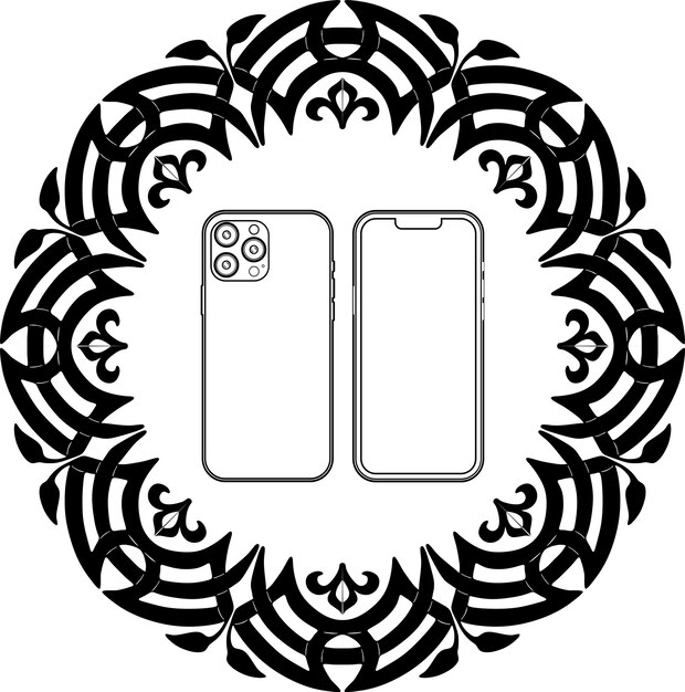 smart phone black outline logo with floral frame handmade silhouette model 128