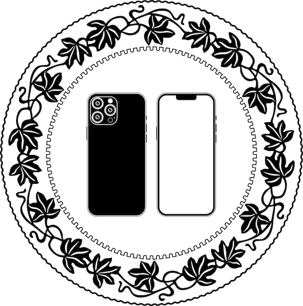 smart phone black outline logo with floral frame handmade silhouette model 135