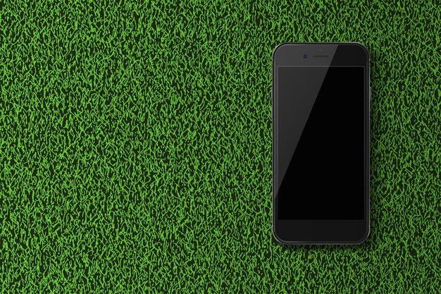 Vector smart phone with black screen on green grass background.