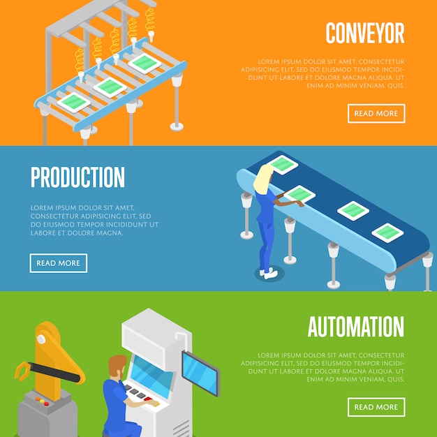 Smart robotic assembly line isometric 3D banner web set