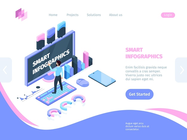 Smart site infographic isometric concept. Illustration site smart infographics landing page man keyboard touches monitor next graphic elements smartphone program statistical.