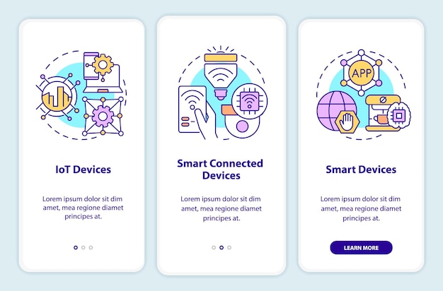 Smart technologies examples onboarding mobile app screen. Iot devices walkthrough 3 steps graphic instructions pages with linear concepts. UI, UX, GUI template. Myriad Pro-Bold, Regular fonts used