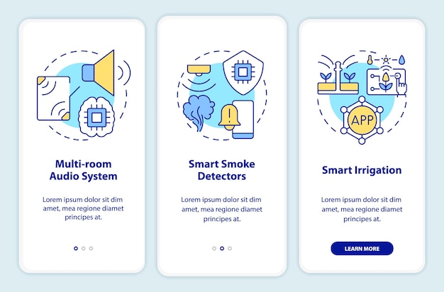 Smart technologies at home onboarding mobile app screen. Audio system walkthrough 3 steps graphic instructions pages with linear concepts. UI, UX, GUI template. Myriad Pro-Bold, Regular fonts used