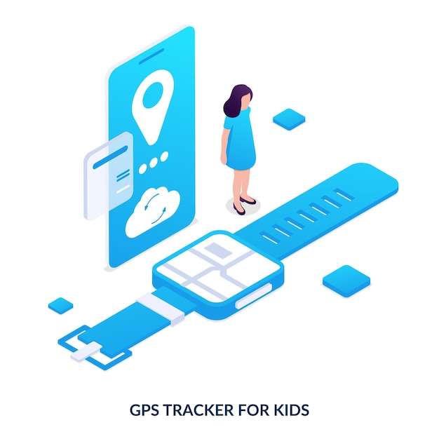 Smart watch with gps tracker for kids Concept of child location tracking parental control child safety Isometric vector illustration on white background