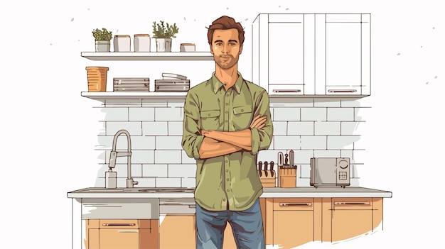 Vector smart young man standing in kitchen portrait shot