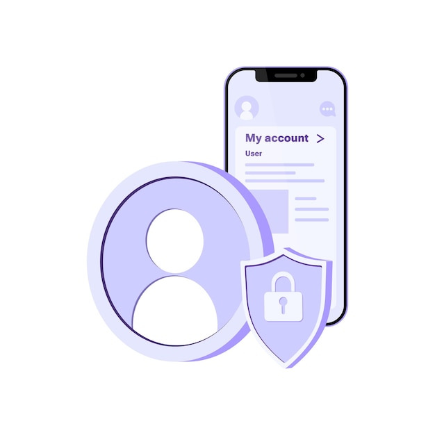 Smartphone, avatar icon and shield with lock isolated on white background. Online wallet app concept