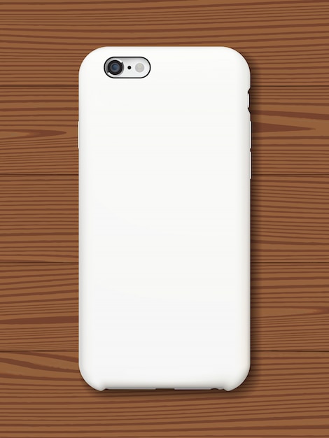 Vector smartphone back cover mock up on wooden background.