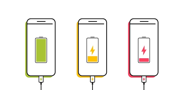 Smartphone battery charging process Different Battery charge level Discharged charging and fully charged battery smartphone Set of battery charge level indicators Vector Illustration