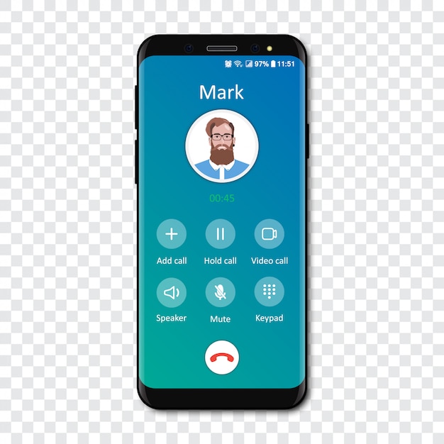 Vector smartphone call app interface template on a transparent . incoming call .  