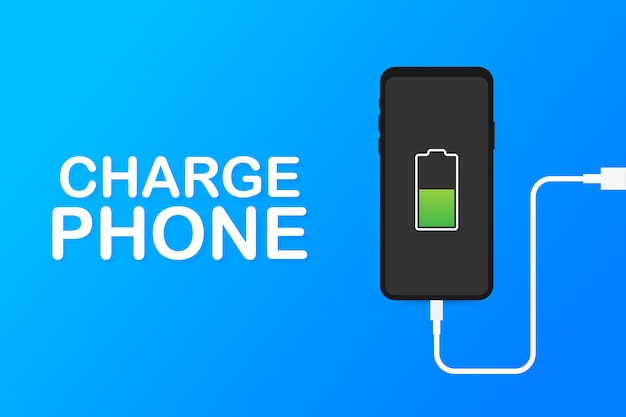 Smartphone charger adapter and electric socket, low battery notification.  illustration.