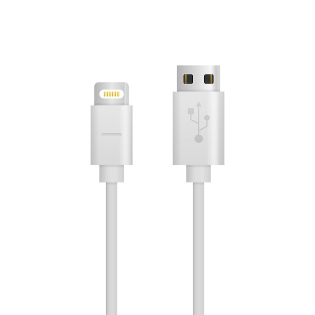 Smartphone charger cable mockup Isolated on white background. USB wire cable phone charger electric device of charging technology. Connectors and sockets for PC and mobile devices.