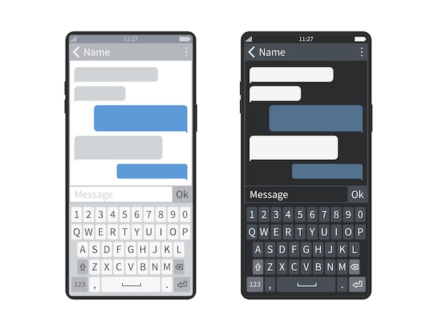 Smartphone chat. Black or white screen mobile device keyboard with messaging app, bubbles or message clouds, chatbot sending sms dialogues vector template set