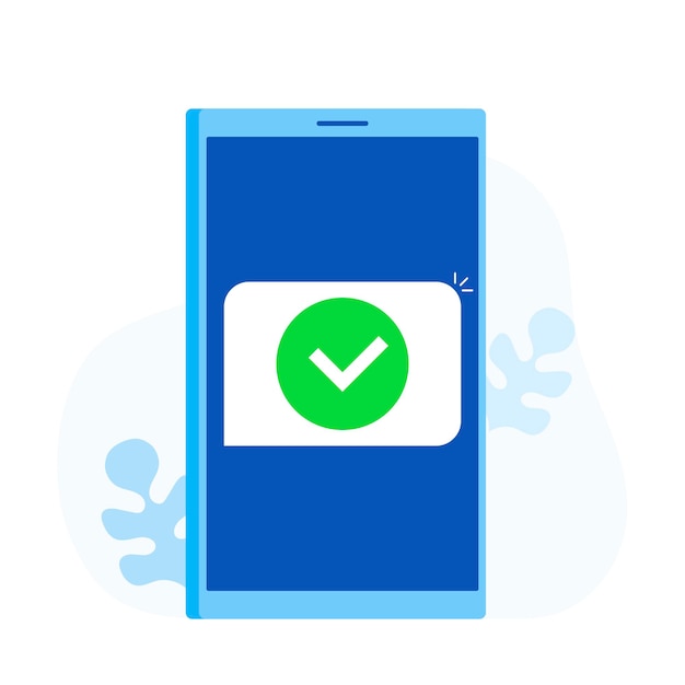 Smartphone and checkmark, cartoon mobile phone approved tick notification, idea of successful update check mark, accepted, complete action on cellphone. Modern flat style vector illustration.