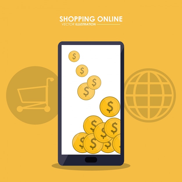 Smartphone, coins and shopping cart