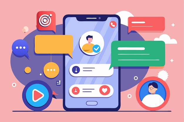 A smartphone displays a vibrant call screen and messaging interface with colorful chat bubbles and user interactions Call Screen And iMessage UI Design Interface Concept