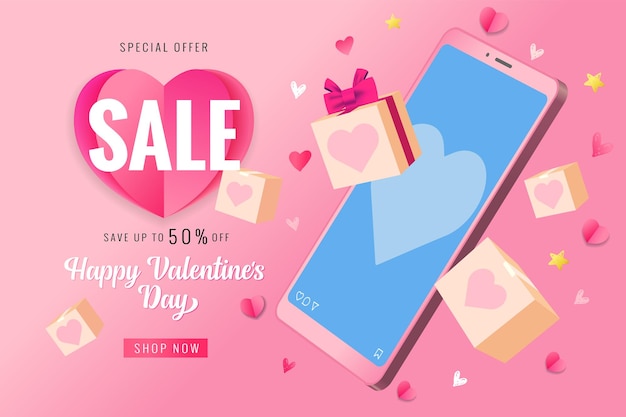 Smartphone and gift boxes for lovers Valentines day sale banner 3D elements Creative design