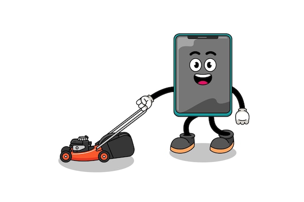 Smartphone illustration cartoon holding lawn mower