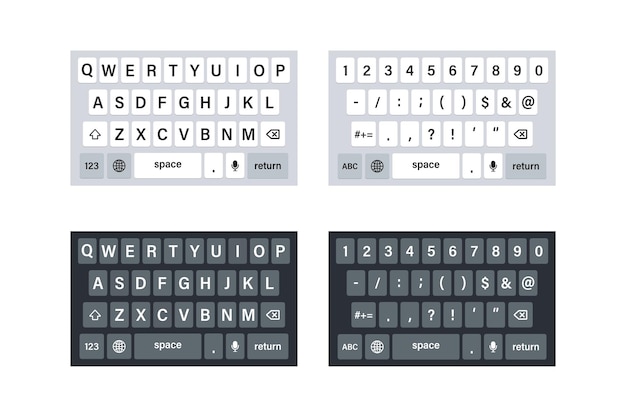 Vector smartphone keyboard vector illustration set of phone keyboards in light and dark modekeypad mockup qwerty keypad alphabet buttons 10 eps