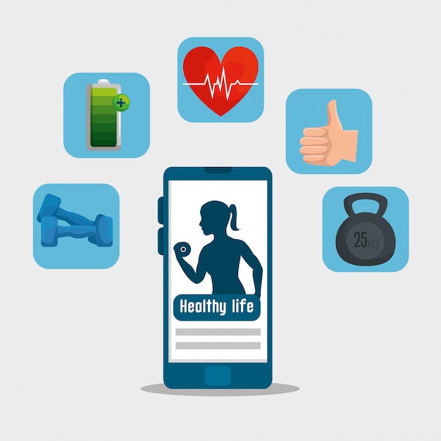 Smartphone and labels with healthy lifestyle exercise