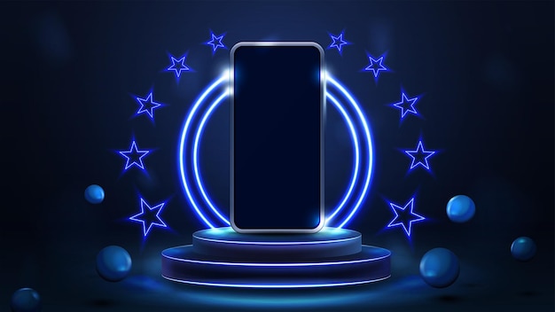 Smartphone on podium of winners with blue neon rings and neon stars in blue scene with realistic bouncing spheres