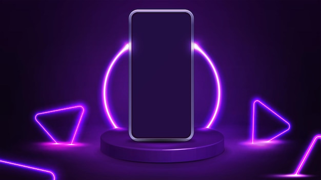 Smartphone on purple podium with line neon ring on background and neon purple triangles around