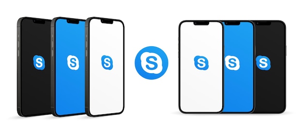 Smartphone screen mockup front and perspective views with skype logo isolated on white