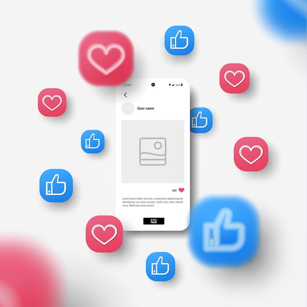 Smartphone screen mockup Social network post reaction background Like heart symbol realistic 3d icon