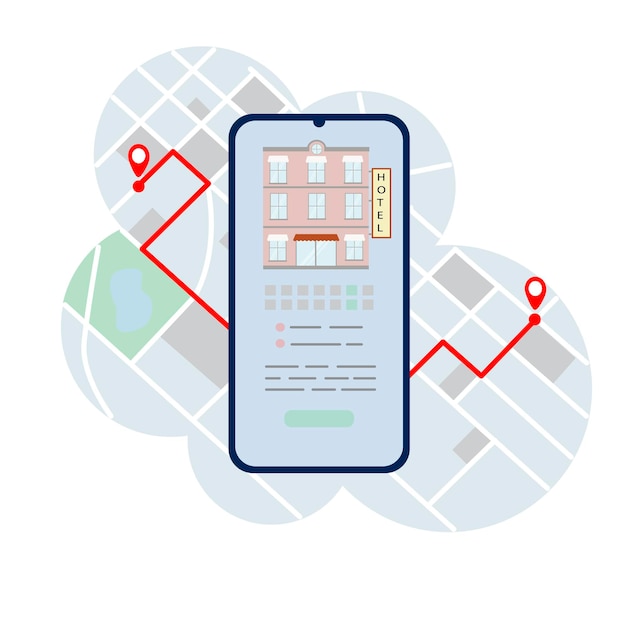 On the smartphone screen search booking hotel selection on background of city map