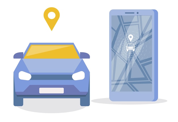 Smartphone screen with city map route car and location pin vector illustration online car sharing re...