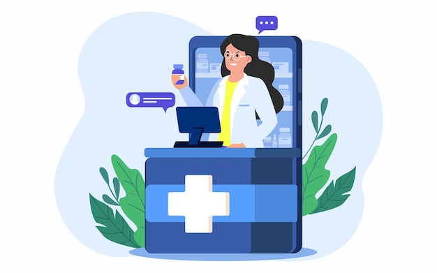 Smartphone screen with a female pharmacist, Online pharmacy and medicine with a medical app