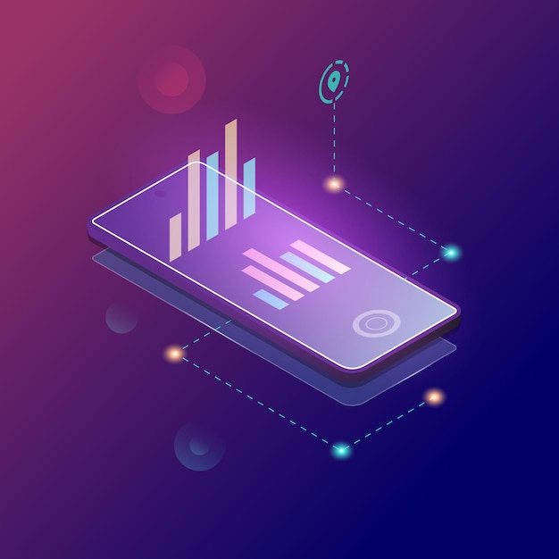 Smartphone with chart on screen and infographic elements in isometric