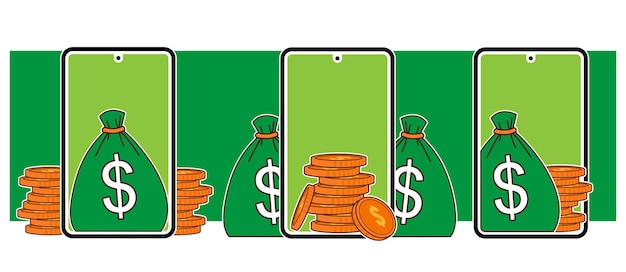 Smartphone with coins and money sack online earning concept