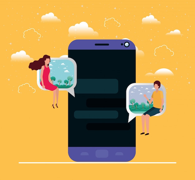 smartphone with couple seated in speech bubble