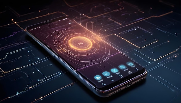 Vector a smartphone with a futuristic interface showing a glowing circle and various app icons