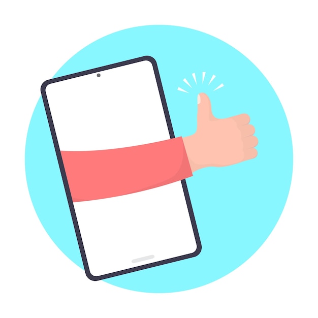 Smartphone with hand and thumbs up on blue circle background Light skin tone Flat design style illustration