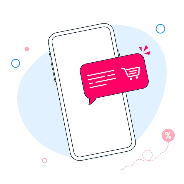 Smartphone with shopping cart notification new purchase make an order in an online store shopping online with phone Flat outline UI UX element for web and design