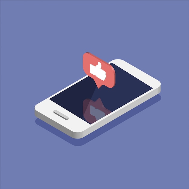 Smartphone with social media notifications icon in trendy isometric style.