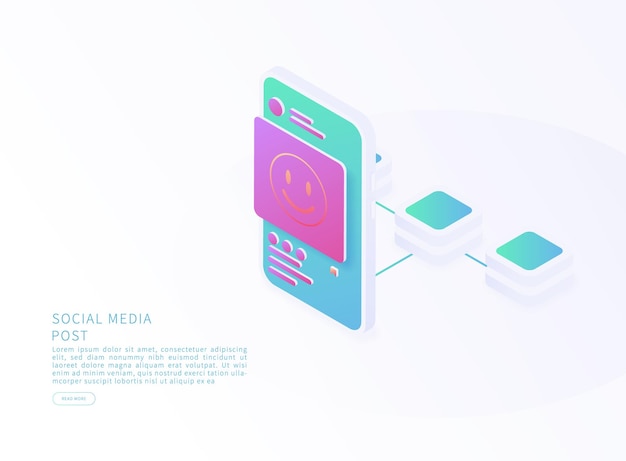 Smartphone with social media post in isometric vector illustration. Vector Illustration.