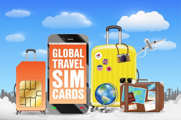 smartphone with tourist sim card luggage bag