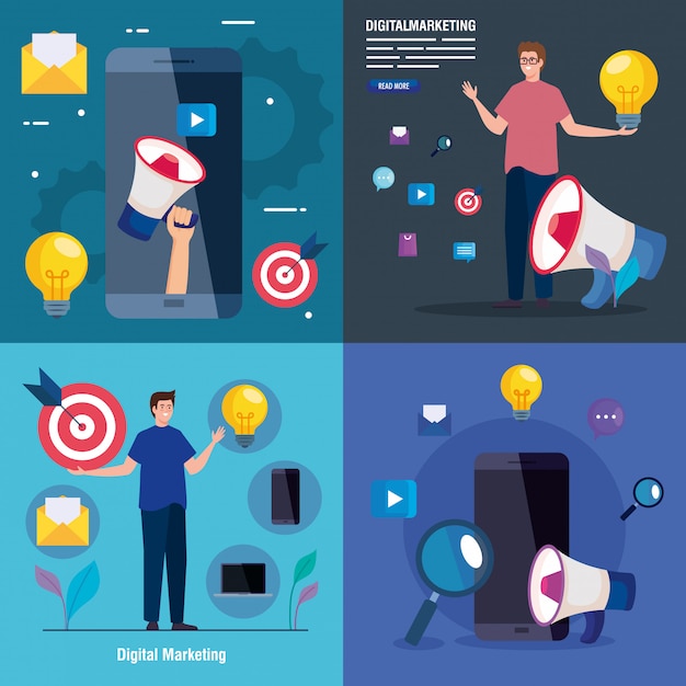 Smartphones and men avatars with icon set of digital marketing  