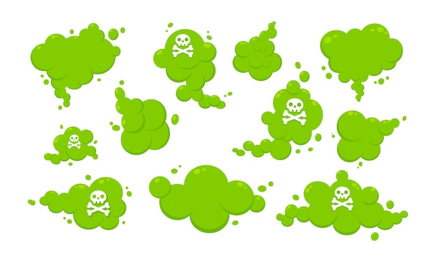 Smelling green cartoon fart cloud flat style design vector illustration with text fart set