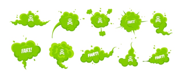 Vector smelling green cartoon fart cloud flat style design vector illustration with text fart set