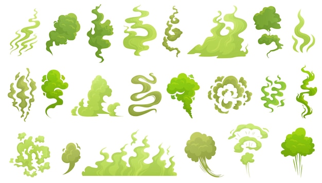 Smelling smoke. Bad smell cloud, green stink aroma and stinky smoke cartoon illustration set.