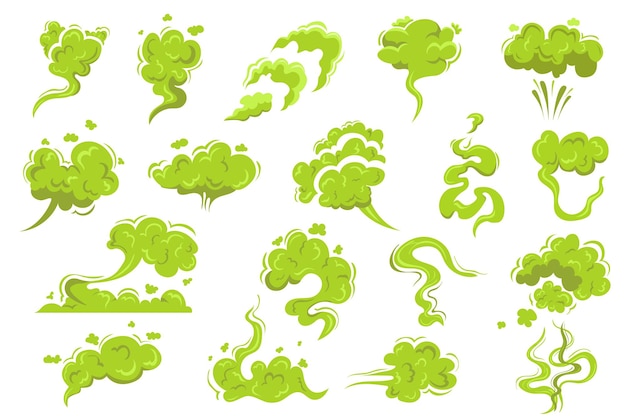 Smelling smoke flat icon kit concept in the cartoon style Image of clouds of green smoke