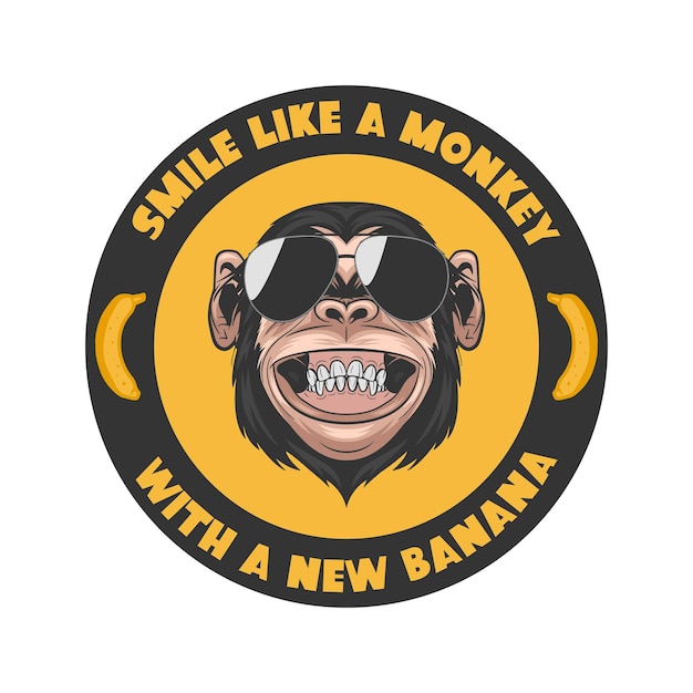 Smile Like a Monkey with a New Banana Vector Smiling Chimpanzee Ape with Sunglasses Typography Quote Funny Monkey Head with Glasses for Wall Art Tshirt Print Poster Cartoon Cute Chimp Monkey