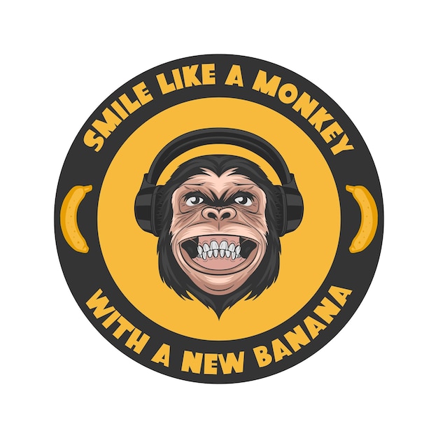 Smile Like a Monkey with a New Banana Vector Smiling DJ Chimpanzee Ape with Headphones Typography Quote Funny Monkey Head for Wall Art Tshirt Print Poster Cartoon Cute Chimp Monkey