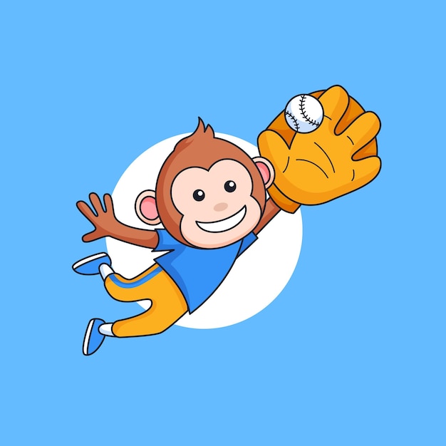 Smile monkey jump and catching the ball with baseball glove