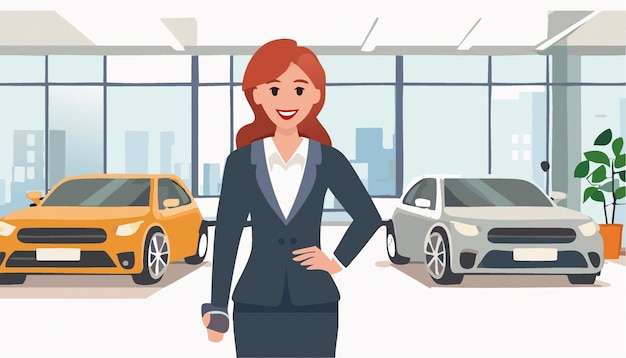 Smile saleswoman at car dealership in formal wear Purchase sale rental auto Vector illustration