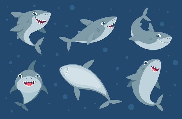 Smile shark Cartoon cute ocean swimming wild animal funny underwater mascots in various dynamic poses exact vector illustrations