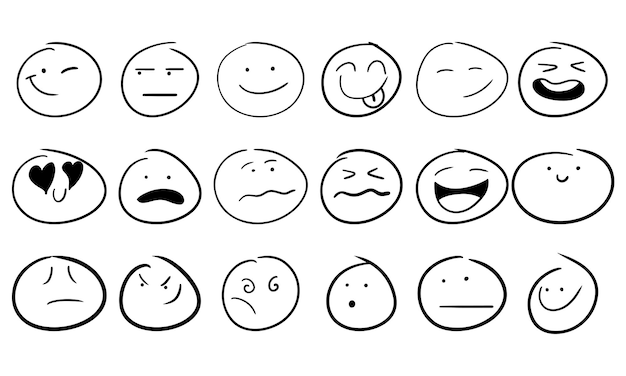 Smiley hand drawn face doodle icon and freehand smile Emoticon sign sketch and symbol expression